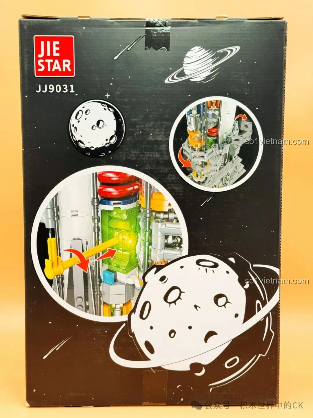 Mặt sau hộp đồ chơi JIESTAR JJ9031 Tên lửa không gian Falcon Heavy, hiển thị chi tiết bên trong và hiệu ứng đèn LED.