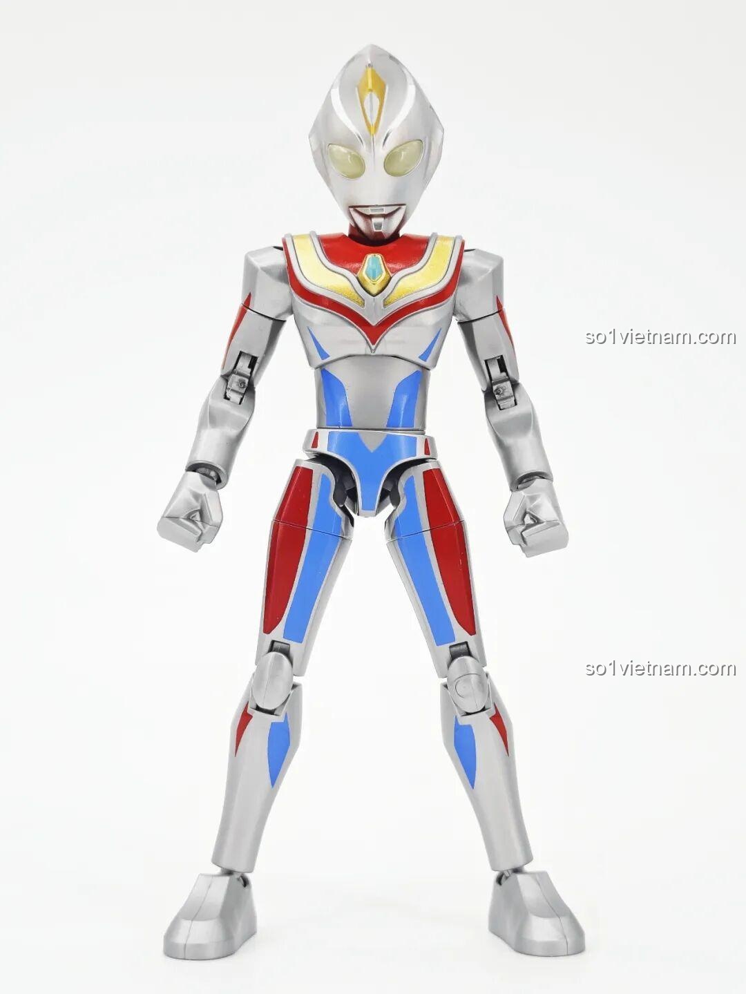 Dyna Ultraman (Dạng Sáng Chói) từ bộ lắp ghép Ultraman ZERO Vô Hạn Bản: Đợt 2 Keeppley 75172 nhìn từ cạnh bên, thể hiện độ mỏng và các đường nét cơ thể.