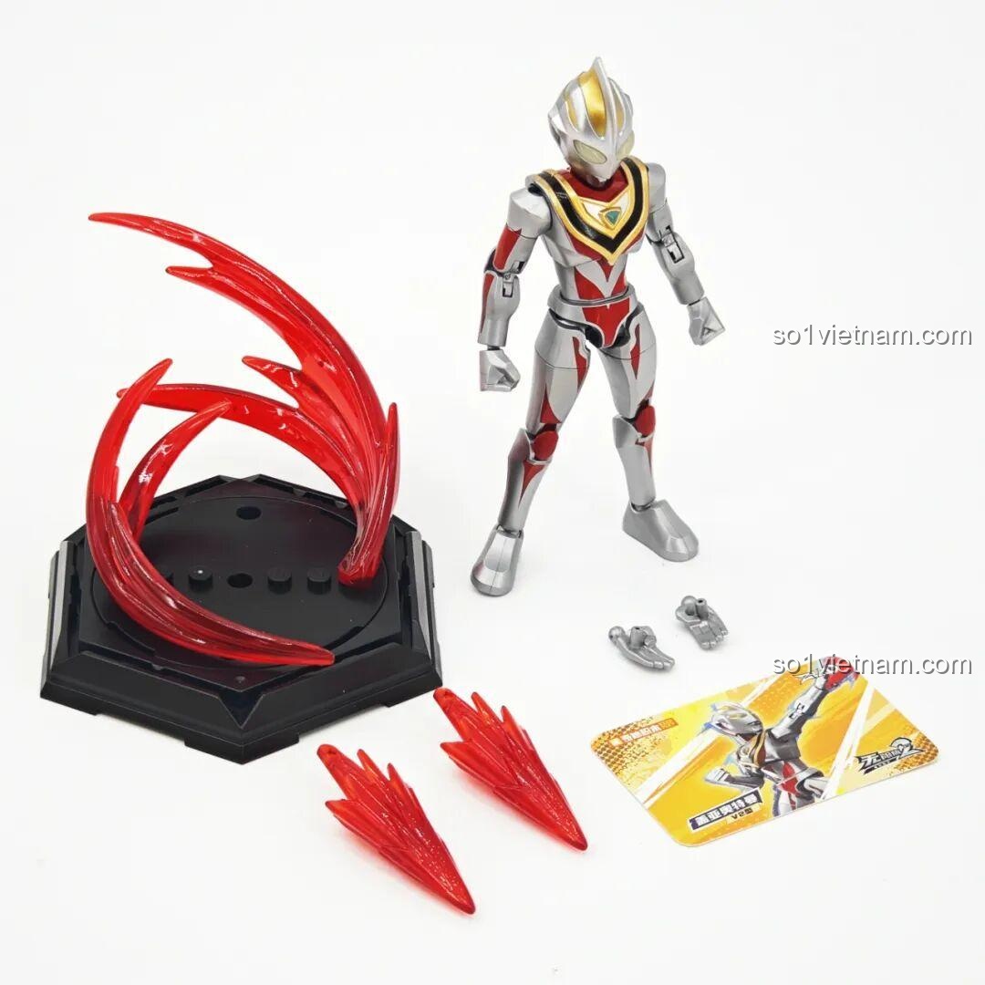 Phụ kiện của Gaia Ultraman V2 trong bộ lắp ghép Ultraman ZERO Vô Hạn Bản: Đợt 2 Keeppley 75172 bao gồm đế trưng bày, hiệu ứng năng lượng và thẻ nhân vật.