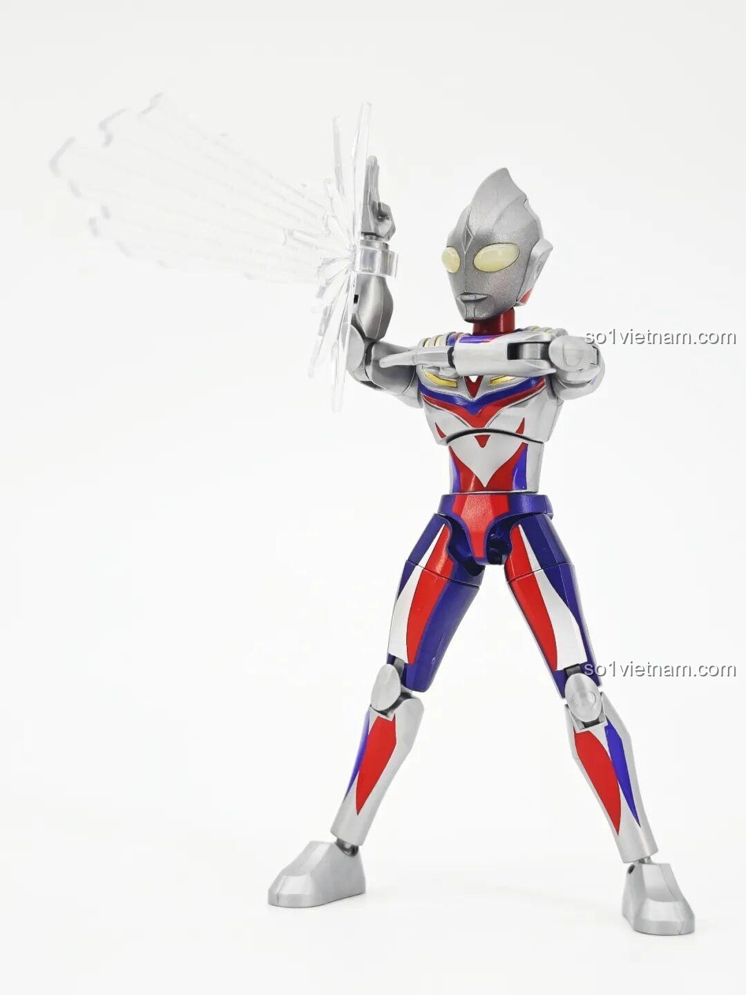 Phụ kiện của Tiga Ultraman (Dạng Phức Hợp) trong bộ lắp ghép Ultraman ZERO Vô Hạn Bản: Đợt 2 Keeppley 75172 bao gồm đế trưng bày, hiệu ứng tia sáng và thẻ nhân vật.
