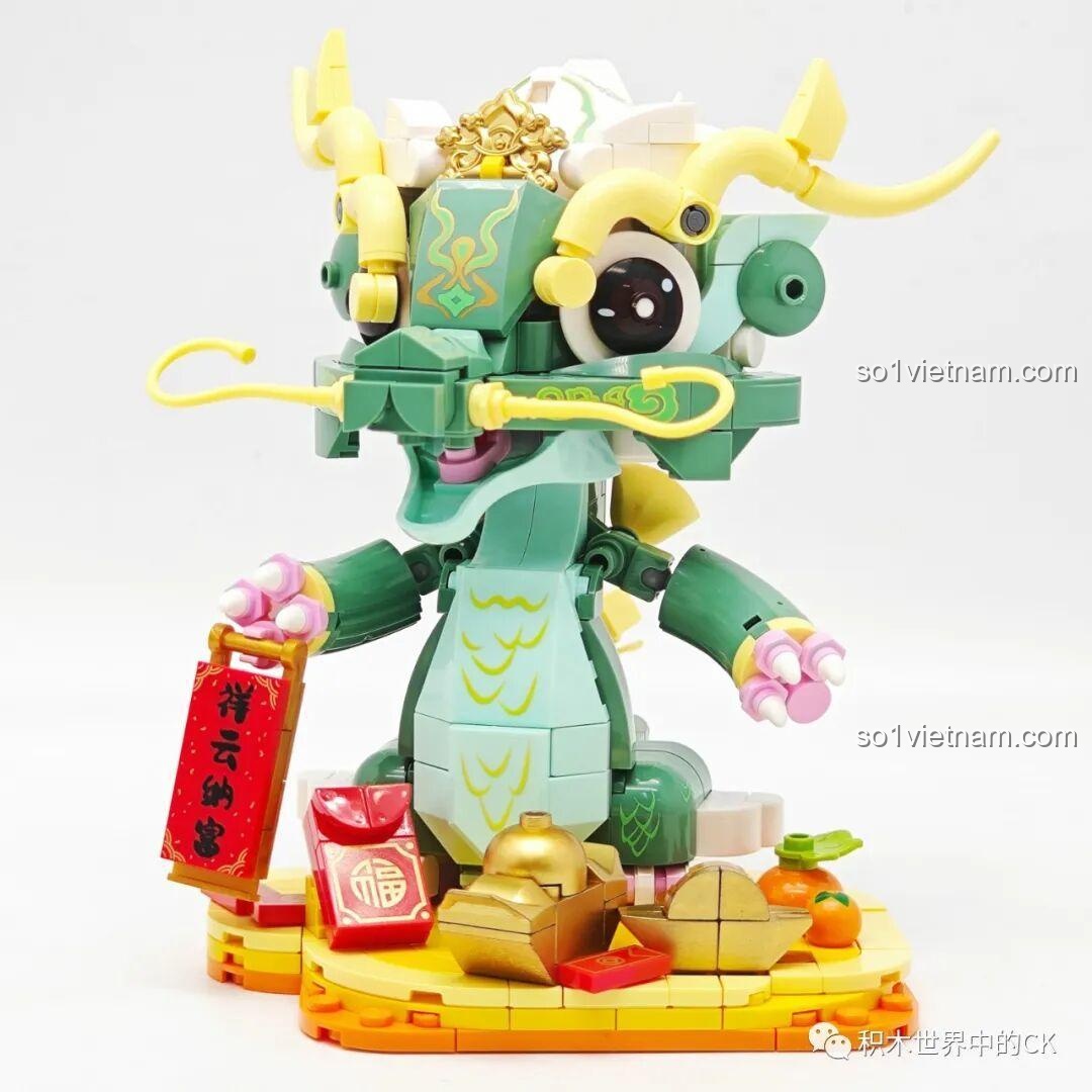 Mô hình Rồng Xanh Tụ Bảo Keeppley K19910 đã hoàn thiện, nhìn từ góc chính diện bên phải.