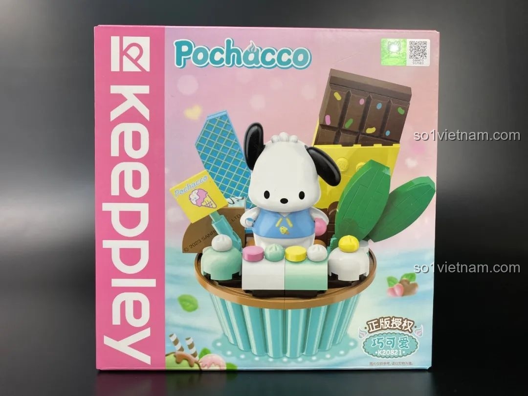 Mặt trước hộp bộ lắp ráp Keeppley Pochacco phiên bản cupcake sô-cô-la ngọt ngào, mã K20821.