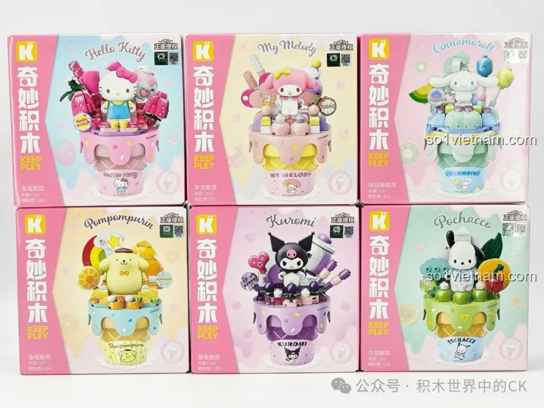 Hộp tổng thể 6 mẫu mô hình Kem Ốc Quế Sanrio Keeppley K20841-K20846, đầy màu sắc và đáng yêu.