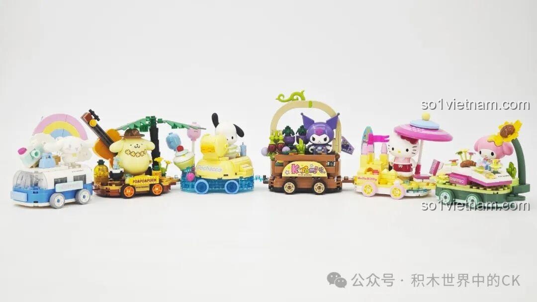 Toàn bộ 6 mô hình lắp ghép Sanrio Xe Hoa Diễu Hành Keeppley đã hoàn thành, nối lại với nhau tạo thành một đoàn diễu hành dài.