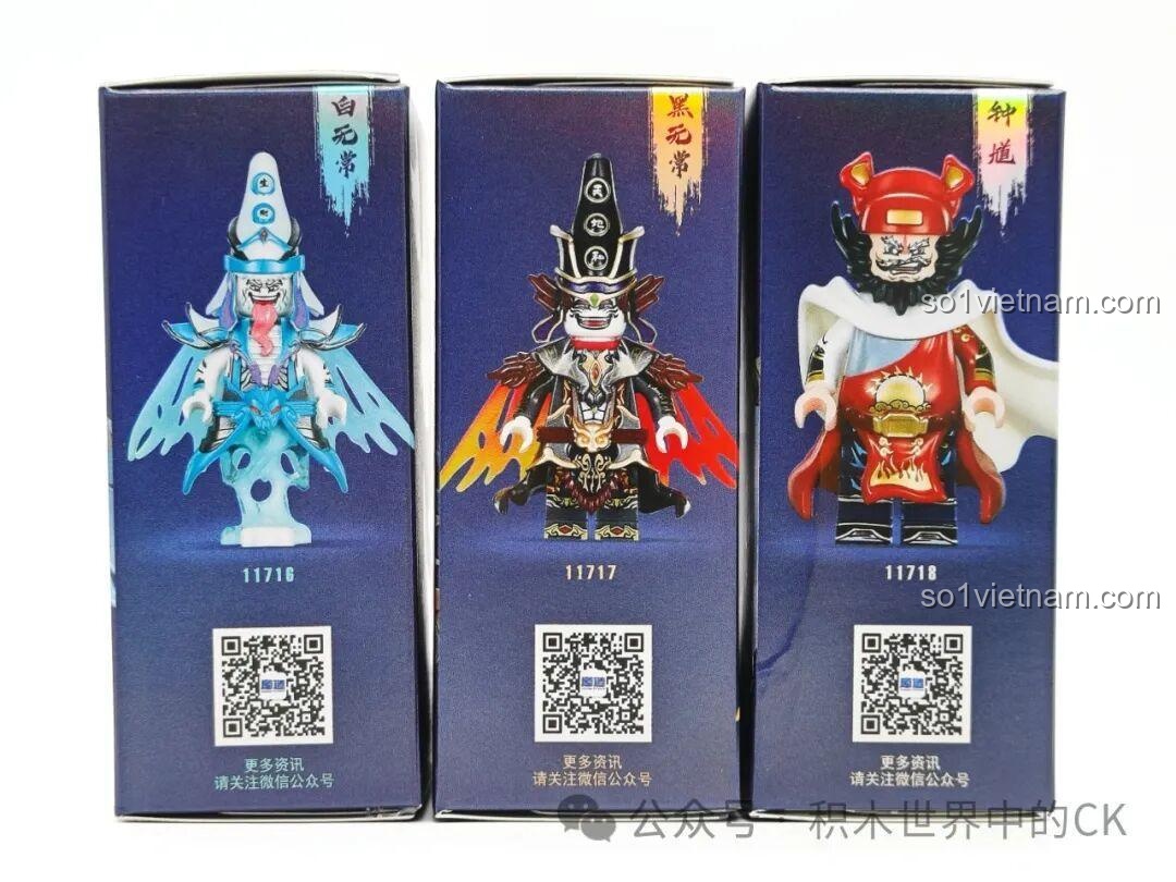 Mặt sau hộp đồ chơi Kuzao Bạch Vô Thường 11716, Hắc Vô Thường 11717 và Chung Quỳ 11718, hiển thị hình ảnh minifigure đã lắp ráp và mã QR.