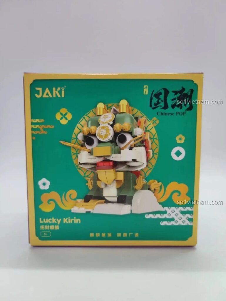 Hộp sản phẩm bộ lắp ghép Kỳ Lân Chiêu Tài JK5132 của JAKI với hình ảnh linh vật đáng yêu và họa tiết truyền thống.