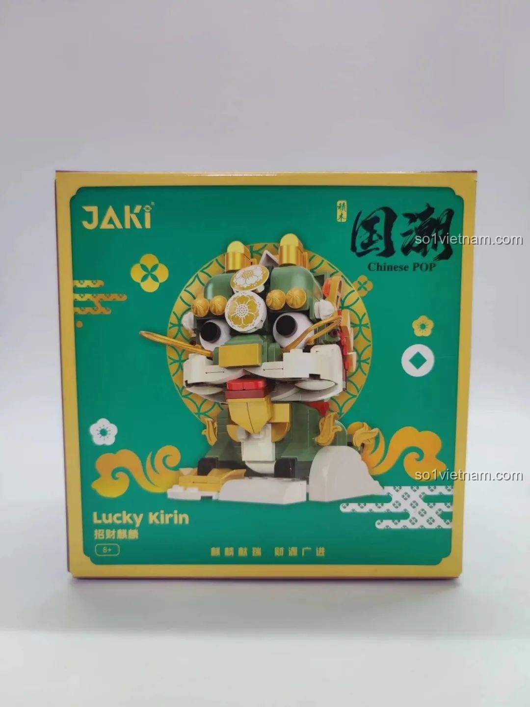 Hộp sản phẩm bộ lắp ghép Kỳ Lân Chiêu Tài JK5132 của JAKI với hình ảnh linh vật đáng yêu và họa tiết truyền thống.