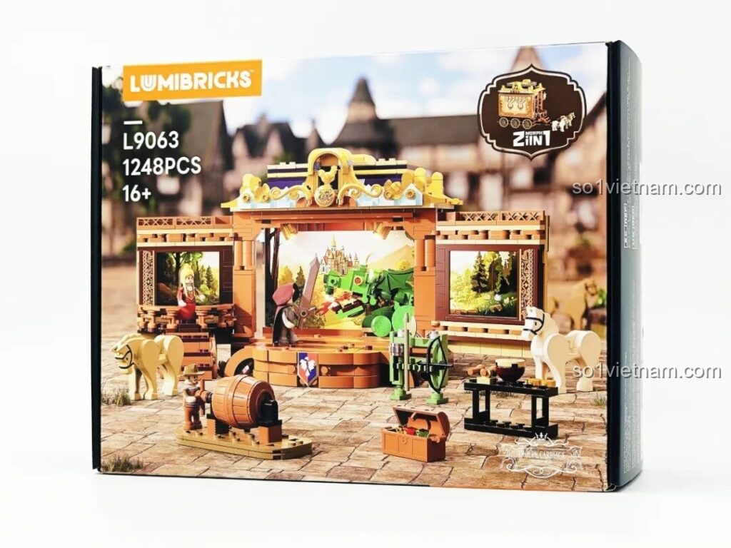 Hộp sản phẩm Lumibricks L9063 Đoàn Kịch Biểu Diễn Thời Trung Cổ với hình ảnh sân khấu và thông tin chính. Review Lumibricks L9063.