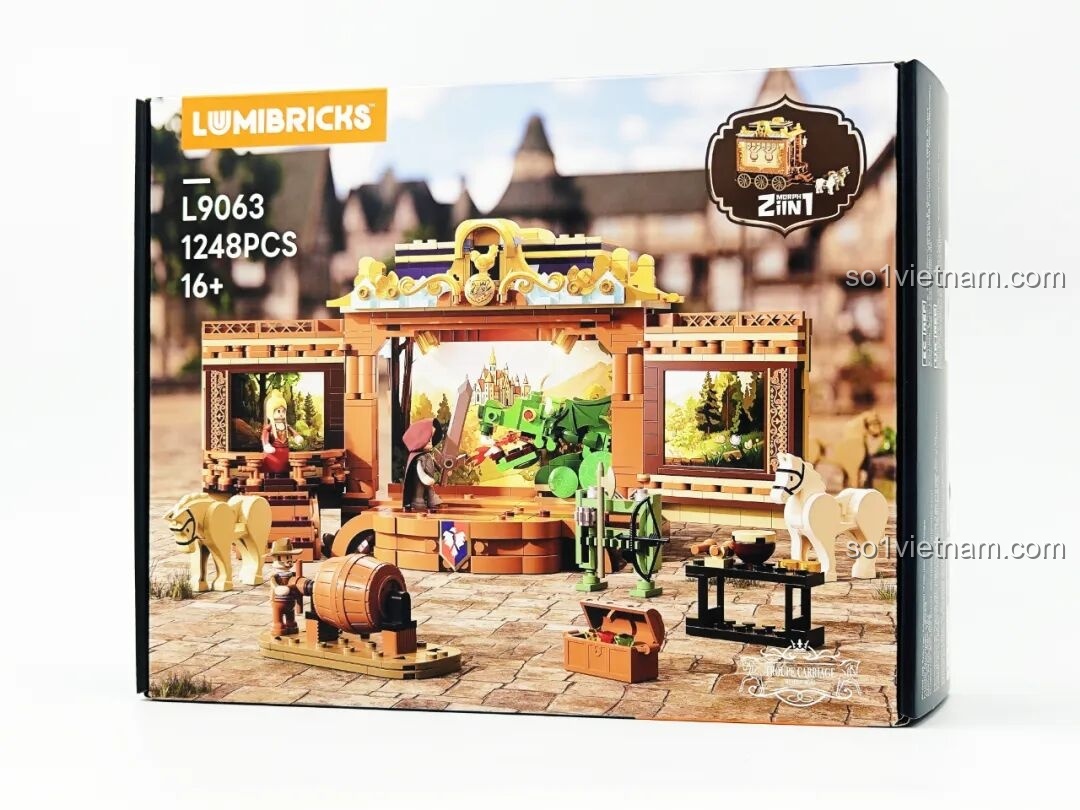 Hộp sản phẩm Lumibricks L9063 Đoàn Kịch Biểu Diễn Thời Trung Cổ với hình ảnh sân khấu và thông tin chính. Review Lumibricks L9063.