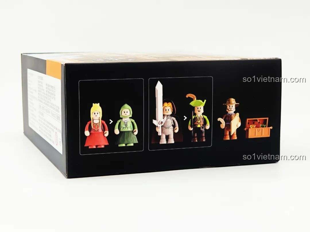 Mặt bên hộp Lumibricks L9063 Đoàn Kịch Biểu Diễn Thời Trung Cổ với hình ảnh 5 nhân vật minifigure. Trải nghiệm Lumibricks L9063.