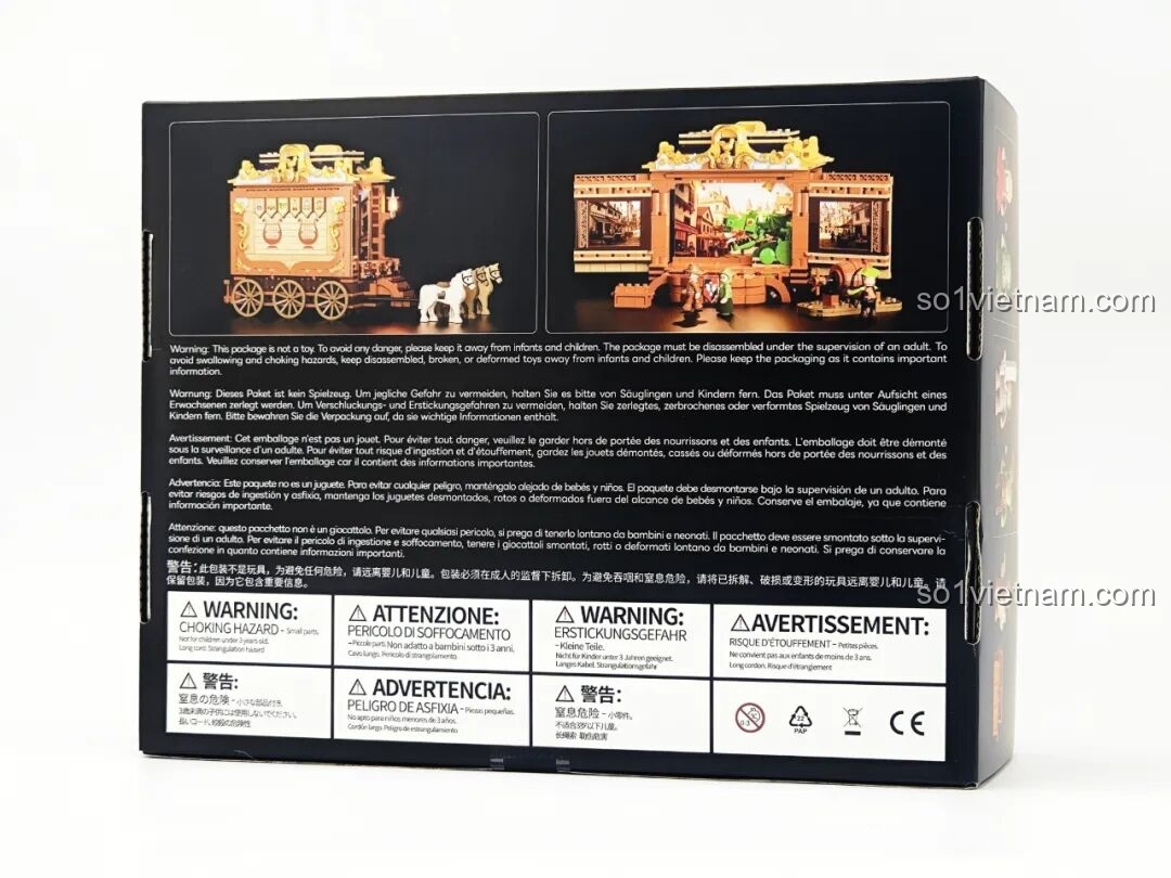 Mặt sau hộp Lumibricks L9063 Đoàn Kịch Biểu Diễn Thời Trung Cổ hiển thị hai chế độ và thông tin an toàn. Đánh giá Lumibricks L9063.