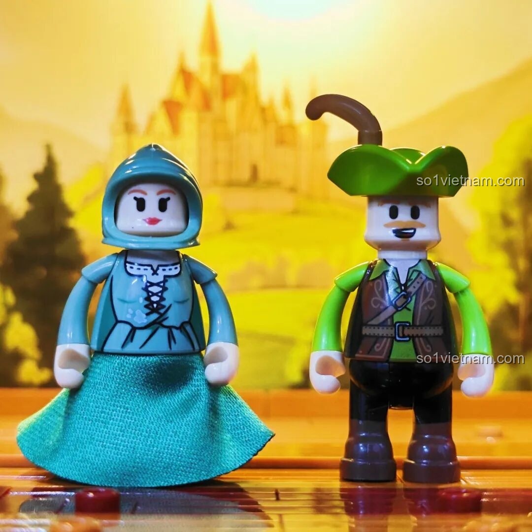 Minifigures Aliyah (Nữ tỳ) và Marcus (Robin Hood) của Lumibricks L9063 Đoàn Kịch Biểu Diễn Thời Trung Cổ. Sân Khấu Kịch Trung Cổ L9063.