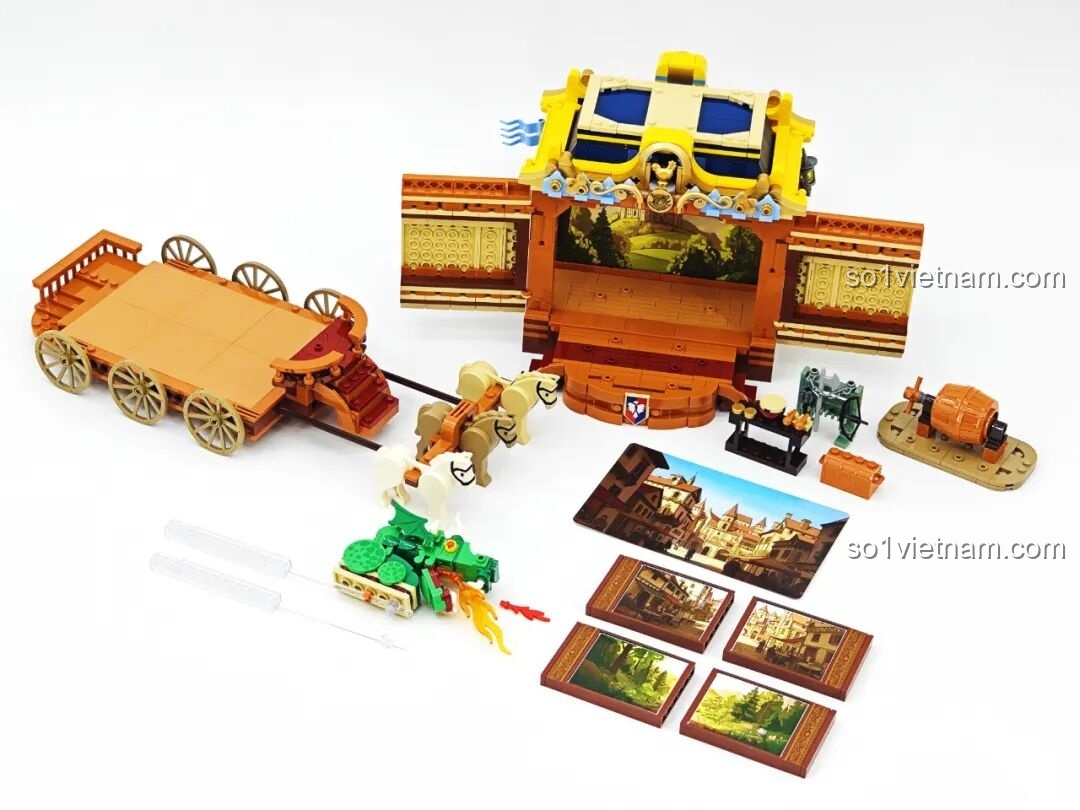 Toàn bộ các bộ phận của Lumibricks L9063 Đoàn Kịch Biểu Diễn Thời Trung Cổ sau khi lắp ráp cơ bản. Đánh giá Lumibricks L9063.
