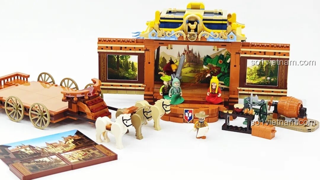 Toàn cảnh Lumibricks L9063 Đoàn Kịch Biểu Diễn Thời Trung Cổ với sân khấu, xe ngựa và minifigures. Đồ chơi mô hình Kịch Trường Trung Cổ L 9063.