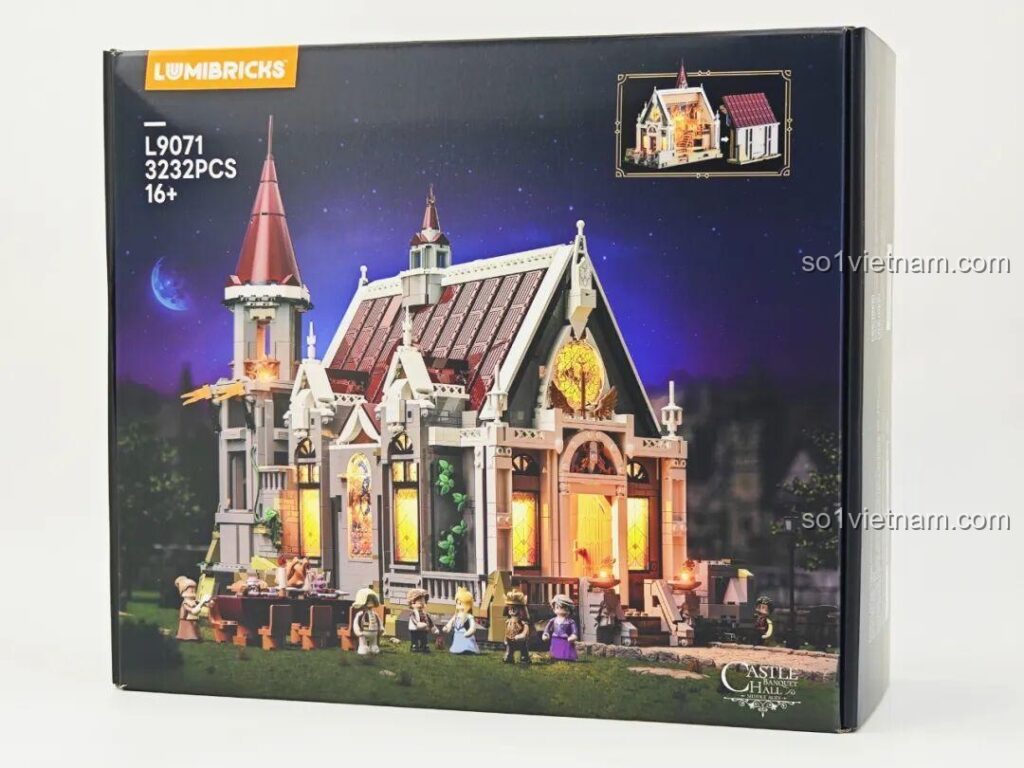 Hộp bộ lắp ghép Lumibricks L9071 Sảnh Tiệc Hoàng Gia với hình ảnh lâu đài trung cổ lung linh đèn LED, thu hút mọi ánh nhìn.
