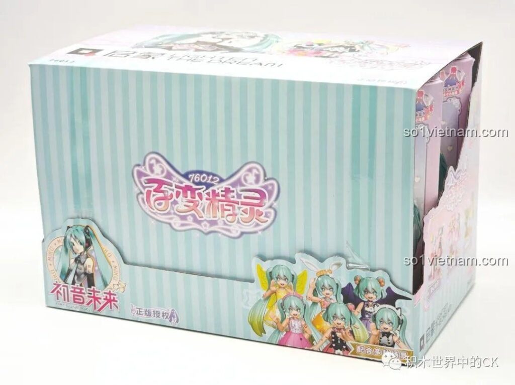 Hộp bộ lắp ráp Qman 76012 phiên bản Hatsune Miku Bách Biến Tinh Linh với thiết kế màu pastel và hình ảnh các nhân vật Miku