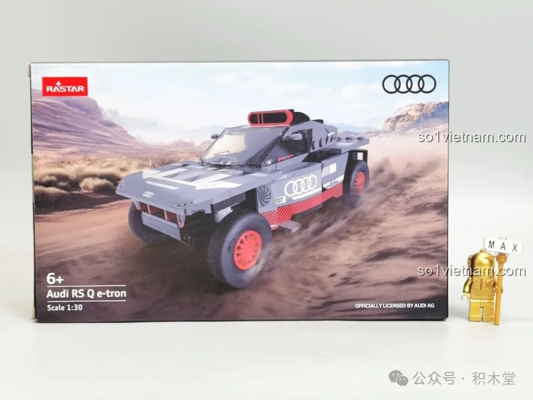 Hộp sản phẩm đồ chơi lắp ráp RASTAR 10120 Audi RS Q e-tron E2 với hình ảnh xe đua trên sa mạc, logo Audi và thông tin độ tuổi 6+.