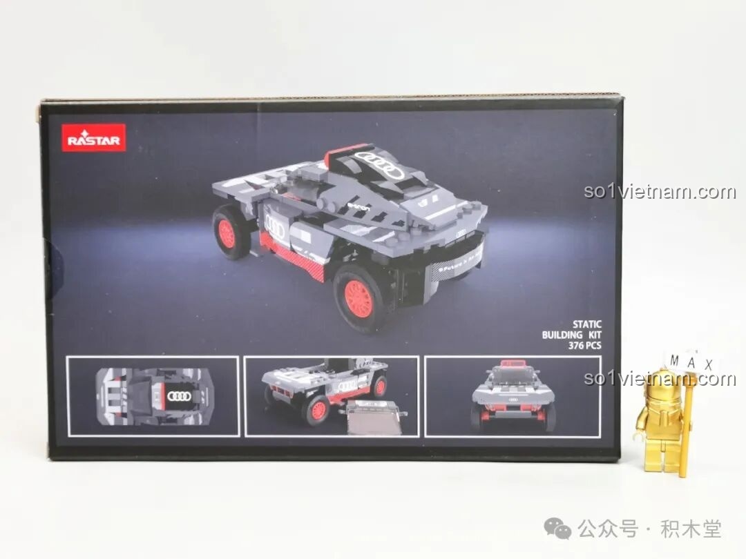 Mặt sau hộp đồ chơi lắp ráp RASTAR 10120 Audi RS Q e-tron E2 hiển thị các góc nhìn khác của mô hình và thông tin 376 chi tiết.