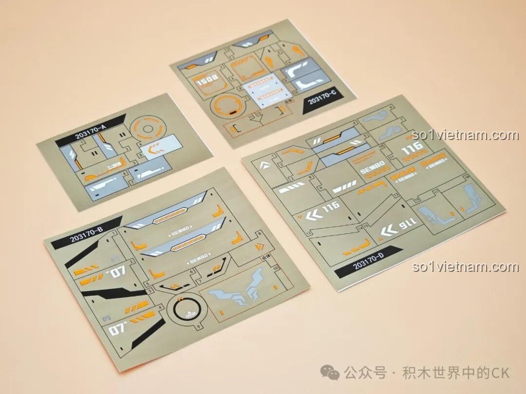 Các tấm decal trang trí cho bộ Sembo Block 203170 Chiến Binh Bóng Tối, tăng tính thẩm mỹ cho mô hình.