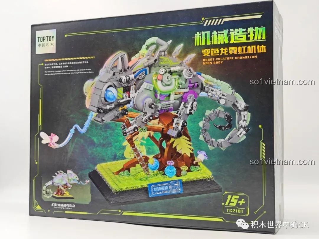 Hộp sản phẩm TOP TOY TC2101 Biến Thể Cơ Khí Tắc Kè Hoa Neon với hình ảnh mô hình robot phát sáng, thu hút mọi ánh nhìn.
