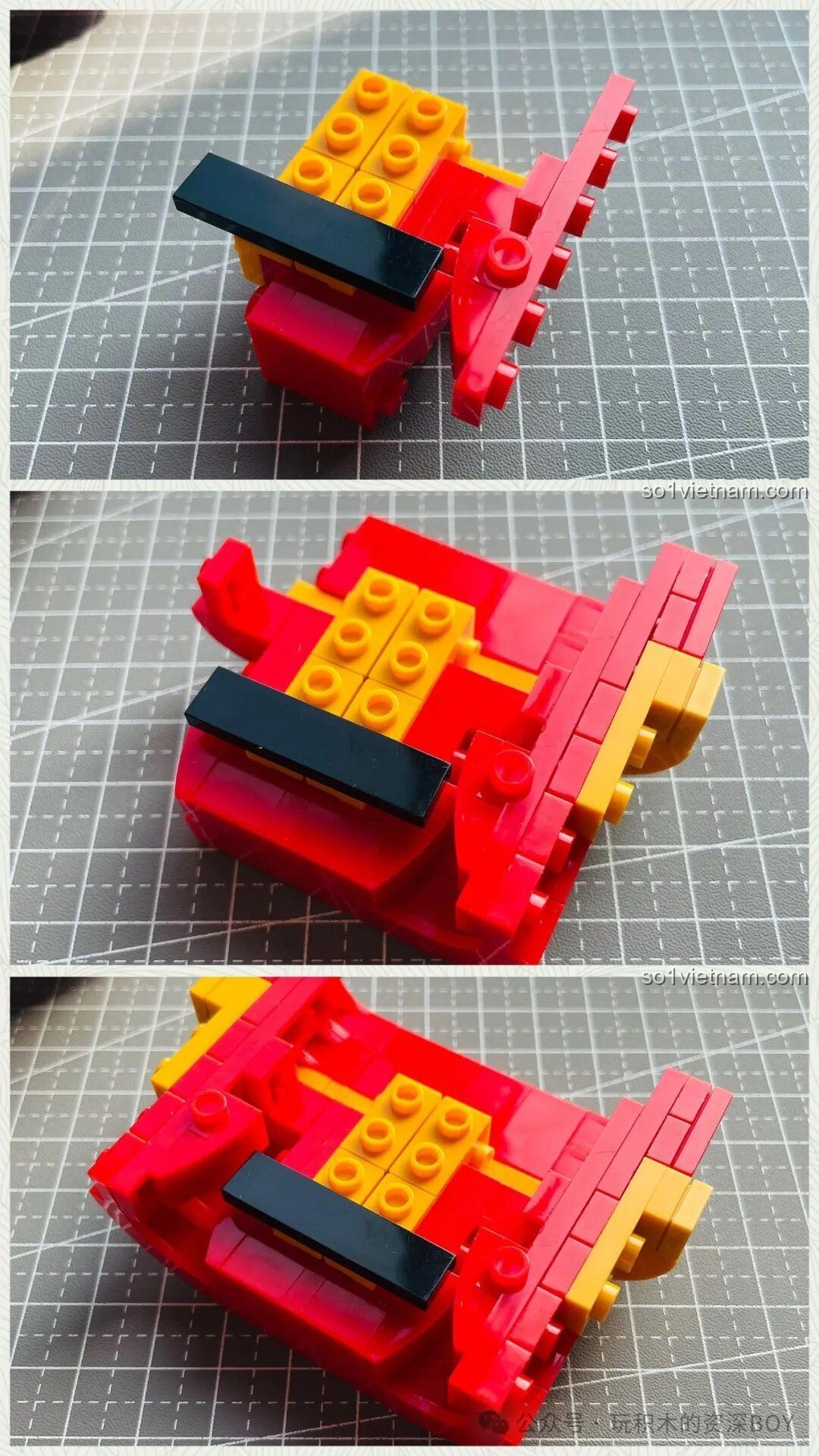 Review quá trình lắp ráp phần vỏ ngoài của mô hình Tuole L8004 Kabutack, sử dụng các mảnh ghép cong màu đỏ và vàng.