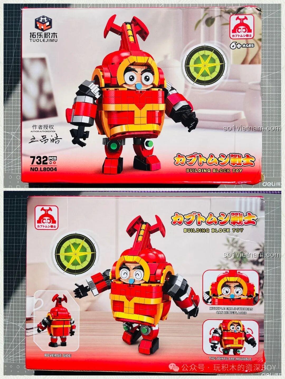 Review vỏ hộp bộ lắp ráp Tuole L8004 Mô hình Kabutack, sản phẩm có 732 chi tiết, phù hợp cho trẻ từ 6 tuổi.