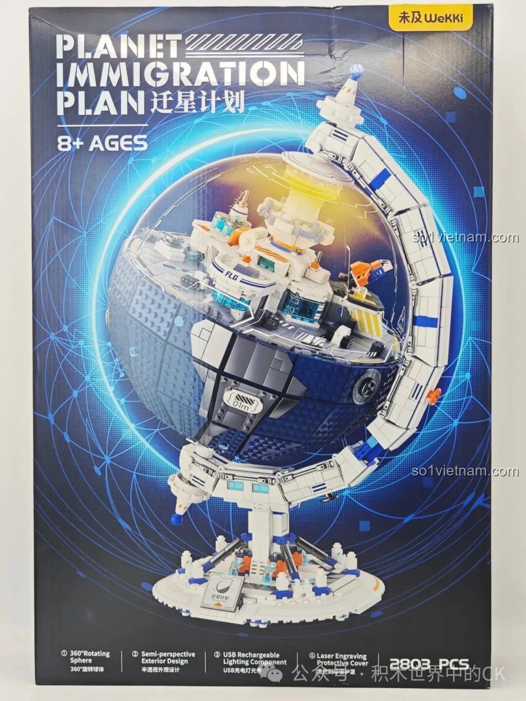 Hộp sản phẩm Wekki 506502 Kế hoạch Di cư Hành tinh với hình ảnh quả địa cầu không gian xoay 360 độ và đèn LED, thu hút người chơi khám phá.