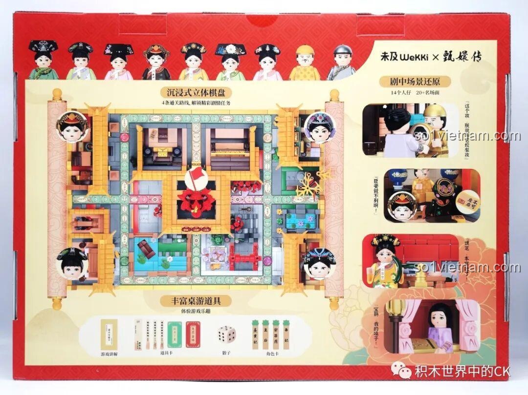 Mặt sau hộp Wekki 518001 Board Game Hậu Cung 001, hiển thị bản đồ board game và các chi tiết phụ kiện.