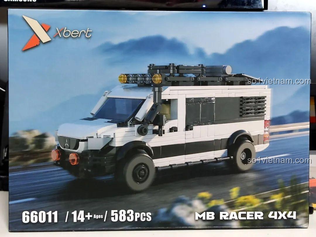 Hộp sản phẩm bộ lắp ghép Xbert 66011 MB RACER 4X4 màu trắng đen, hiển thị hình ảnh xe địa hình 4x4 và thông tin 583 mảnh, 14+ tuổi.