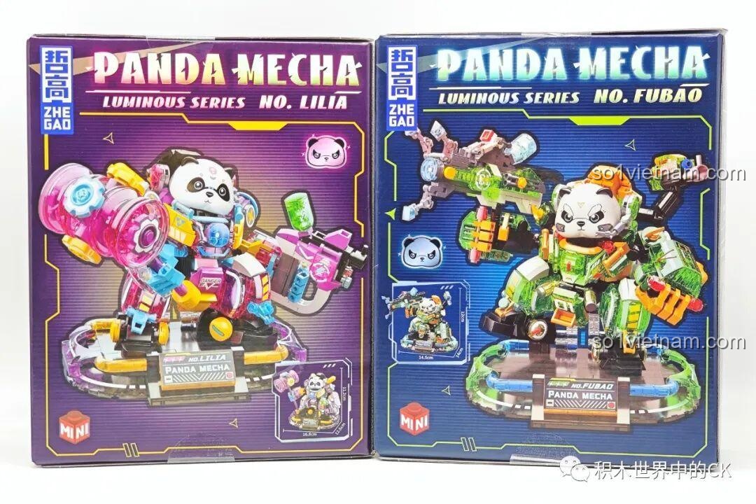 Mặt trước và mặt sau hộp ZHEGAO 662011 Panda Mecha Phúc Bảo Hào và Lilia 662012, hiển thị thông tin chi tiết và tính năng phát sáng.