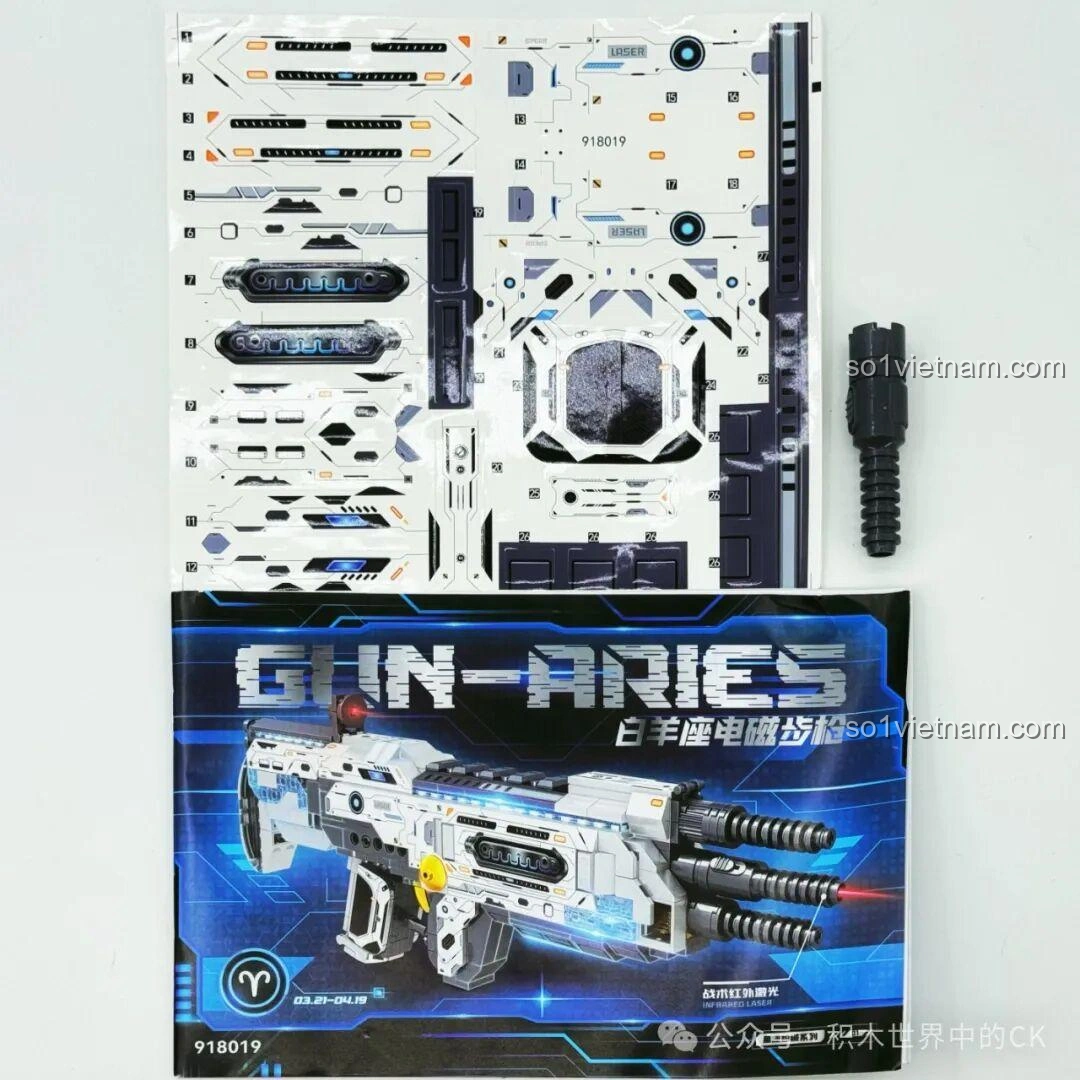 Sách hướng dẫn lắp ráp và bộ sticker trang trí cho ZHEGAO 918019 Súng trường điện từ Bạch Dương.