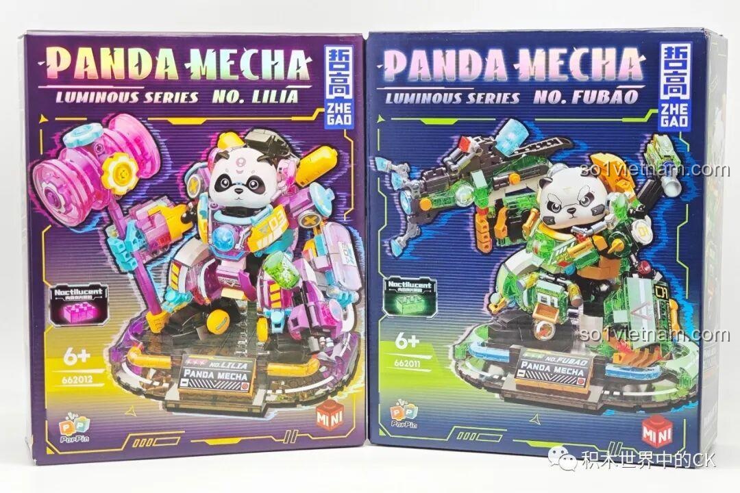 Hộp sản phẩm ZHEGAO Panda Mecha Luminous Series Phúc Bảo Hào 662011 và Lilia 662012, đồ chơi lắp ráp robot gấu trúc phát sáng cho bé trai 6 tuổi.