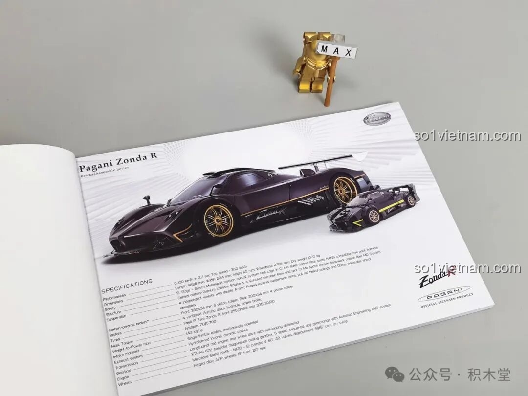 Sách hướng dẫn lắp ráp của bộ RASTAR 93900 với hình ảnh minh họa chi tiết thông số kỹ thuật của xe Pagani Zonda R thật.