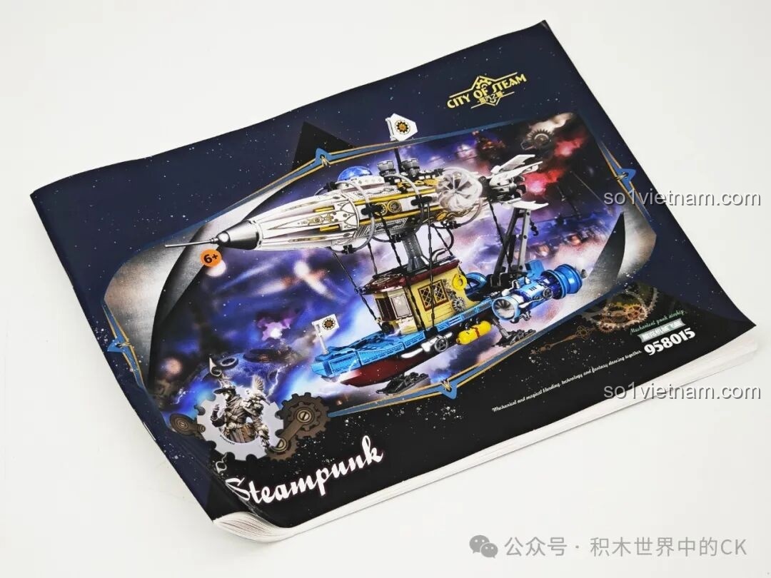 Sách hướng dẫn lắp ráp chi tiết của bộ ZHEGAO 958015 Phi Thuyền Cơ Khí Steampunk, in màu rõ nét.