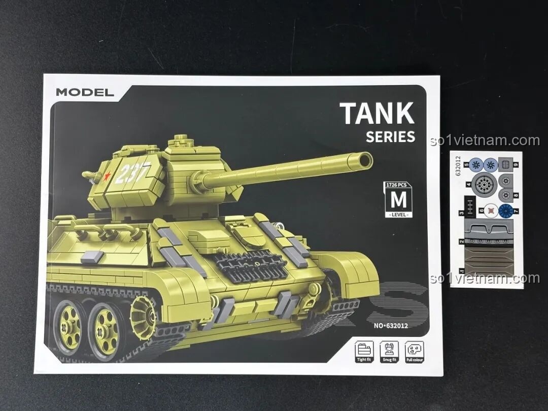 Sách hướng dẫn và tờ sticker đi kèm bộ lắp ráp Panlos T-34, mã sản phẩm 632012.