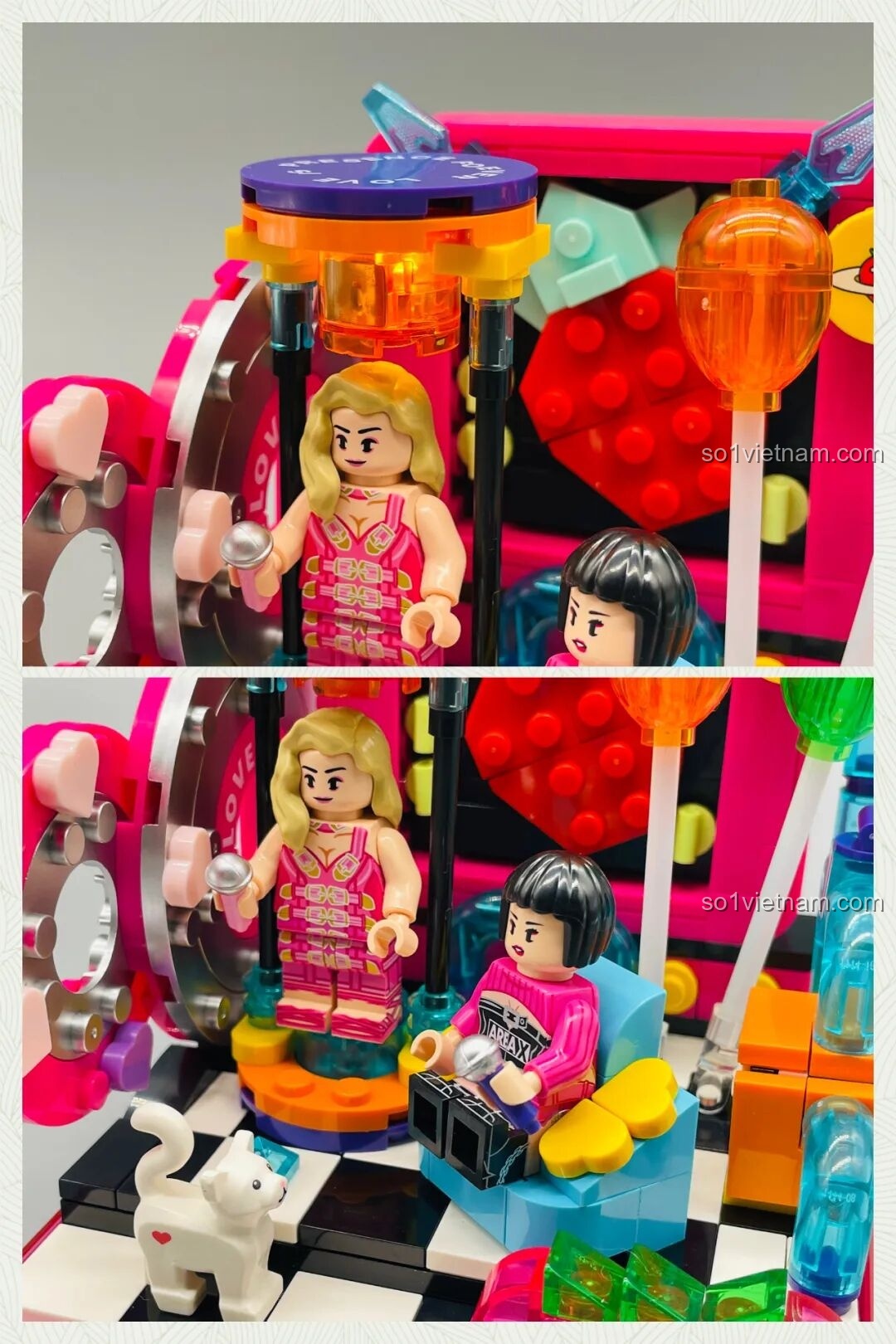 Hai góc nhìn khác nhau của mô hình sân khấu lễ hội Ái Vũ Đài AREA-X AB0006 đã hoàn thiện, thể hiện các chi tiết trang trí.