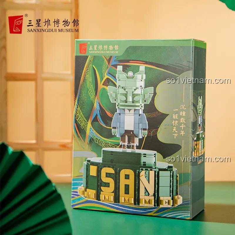 Toàn cảnh hộp và sản phẩm đồ chơi mô hình Sanxingdui Museum 16195, quà tặng ý nghĩa cho bé yêu thích lịch sử và khảo cổ.
