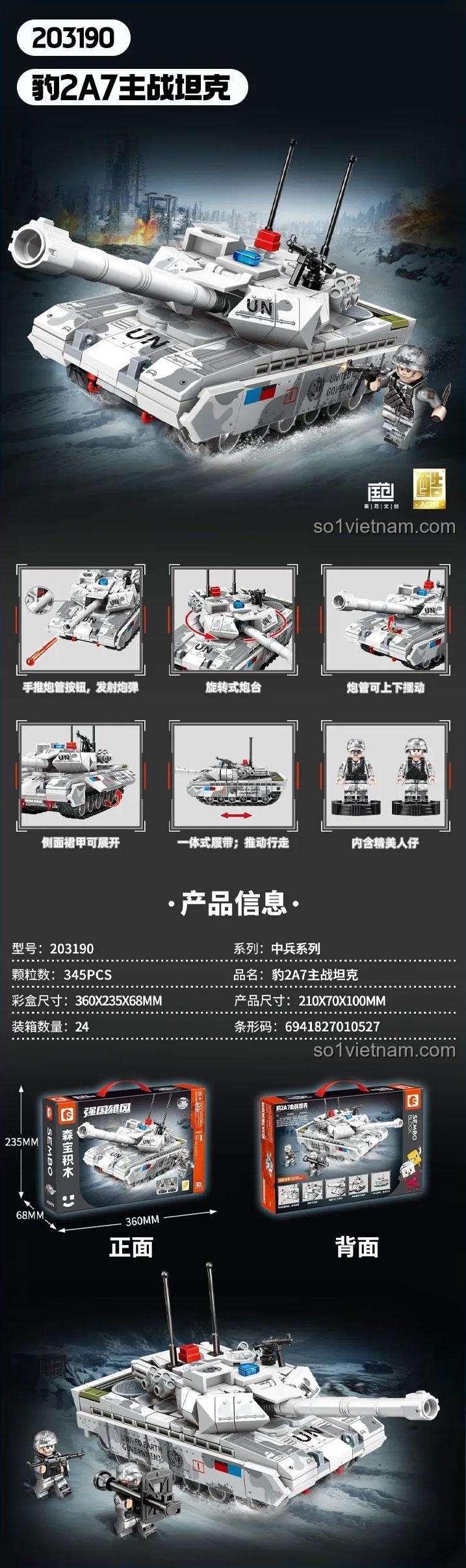 SEMBO 203190 Xe tăng Leopard 2A7 lắp ráp chi tiết, đồ chơi xây dựng cho bé trai 6 tuổi, 345 mảnh ghép, màu trắng xám