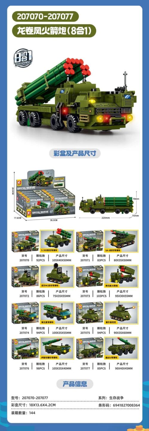 SEMBO 207070-207077 Bộ đồ chơi Xe Tăng Phóng Tên Lửa 8 trong 1, 735 mảnh, màu xanh lá, đỏ, đen, trắng, xám, phù hợp cho bé trai 6 tuổi, đồ chơi giáo dục STEM