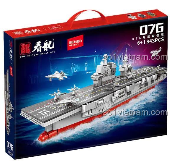Hộp sản phẩm SEMBO 208132 Tàu tấn công đổ bộ Type 076, 843 mảnh, đồ chơi xây dựng cho bé trai 6 tuổi