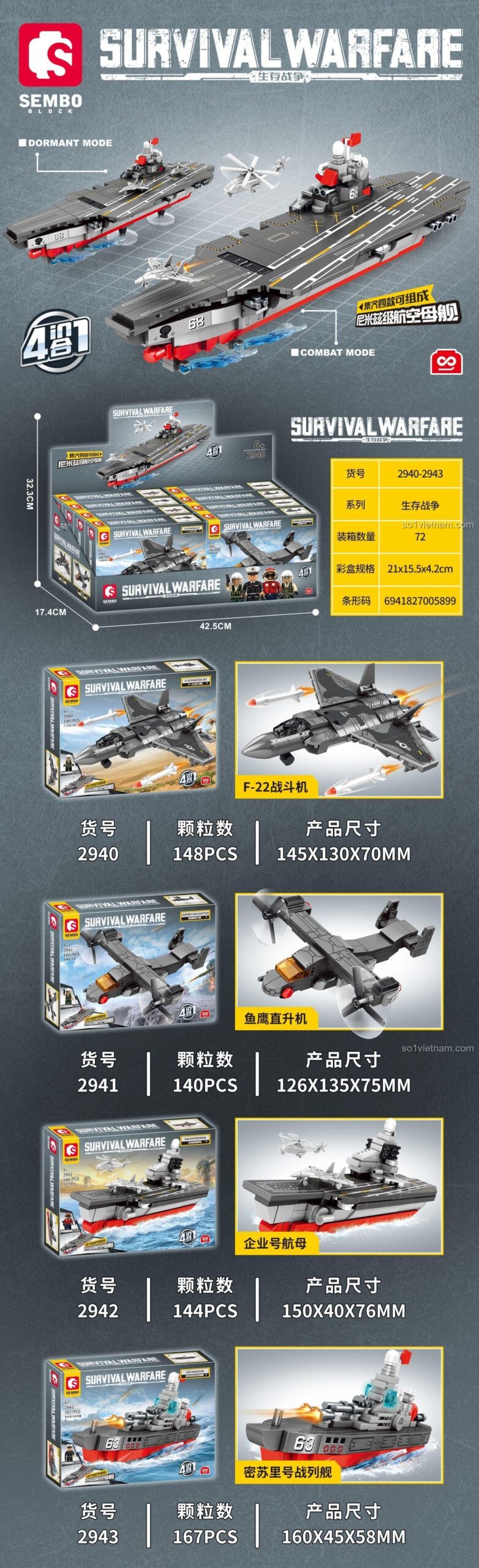 SEMBO 2943 Tàu sân bay Nimitz-class bộ đồ chơi mô hình chiến hạm uy lực cho bé trai 6 tuổi lắp ráp 4 kiểu