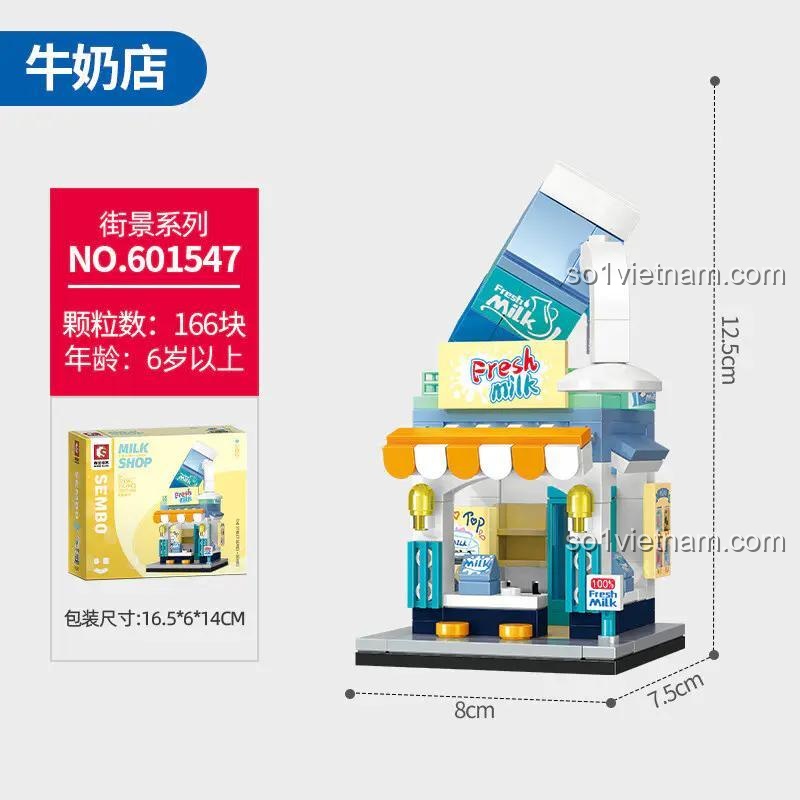 Hộp sản phẩm SEMBO 601547 Cửa hàng Sữa và kích thước mô hình