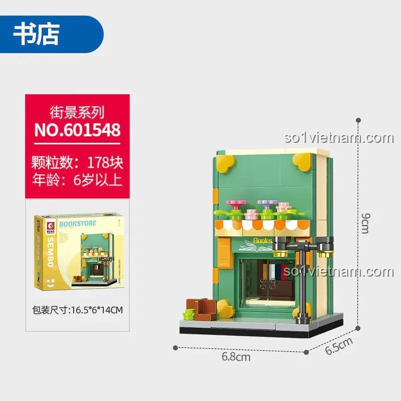 SEMBO 601548 Tiệm Sách Nhỏ - Hộp sản phẩm và kích thước mô hình, bộ lắp ghép mini block, đồ chơi xây dựng cho bé 6 tuổi, màu xanh lá, vàng, trắng, nâu, đỏ, giá tốt