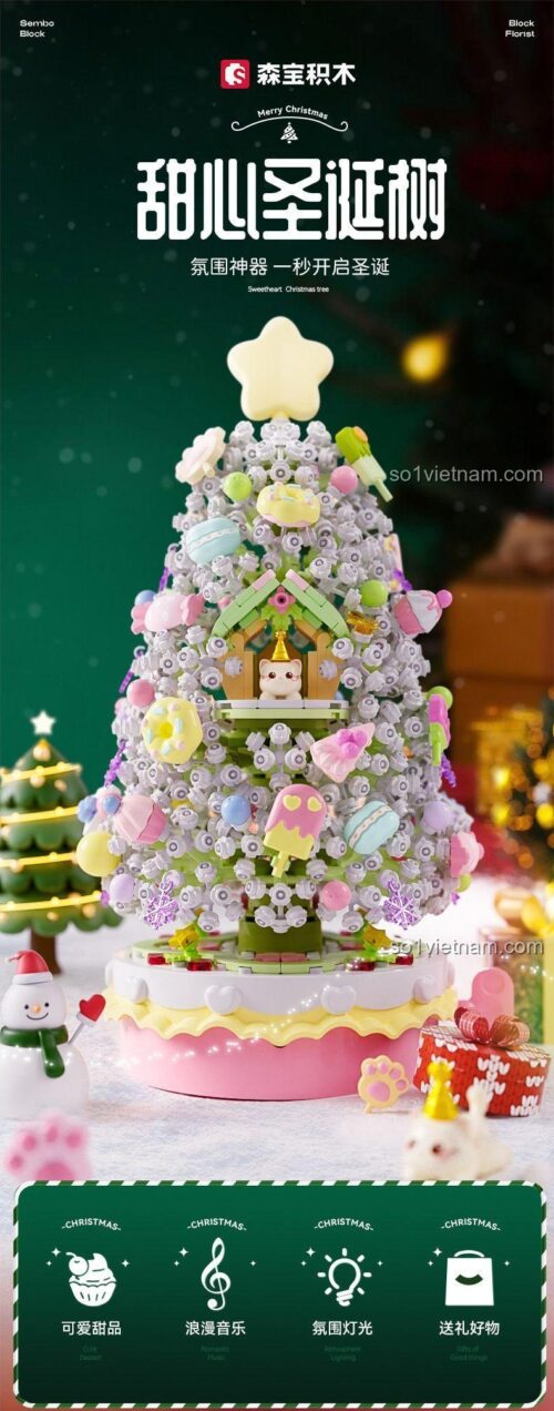 SEMBO 605034 Hộp Nhạc Cây Thông Giáng Sinh Ngọt Ngào Bộ Lắp Ghép Mini Block 1365 Mảnh