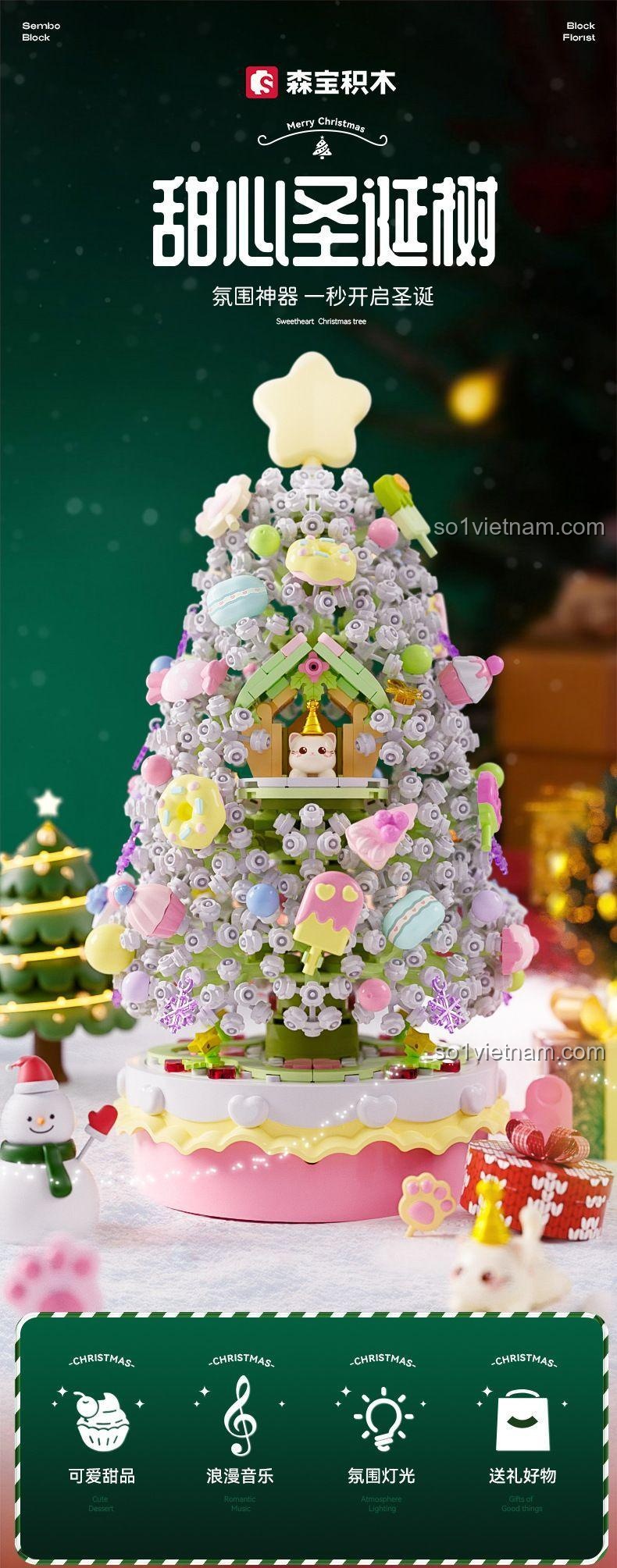 SEMBO 605034 Hộp Nhạc Cây Thông Giáng Sinh Ngọt Ngào Bộ Lắp Ghép Mini Block 1365 Mảnh