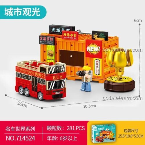 SEMBO 714524 Xe buýt du lịch Hong Kong bộ lắp ghép 281 mảnh, kích thước mô hình 10.3x3.9x6cm, cho bé 6 tuổi