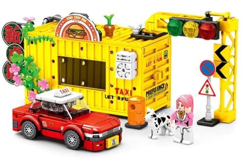 SEMBO 714525 Xe Taxi Giao Thông Hồng Kông bộ lắp ghép, mô hình xe taxi đỏ, container vàng, đèn giao thông, minifigure, đồ chơi xây dựng cho bé 6 tuổi