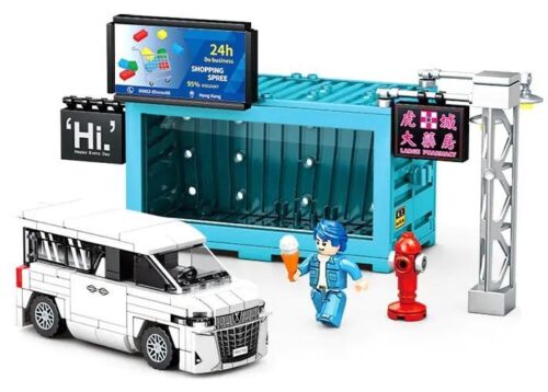 SEMBO 714527 Cảnh Quan Đường Phố Hong Kong Thiên Đường Mua Sắm bộ lắp ghép, mô hình xe van trắng, minifigure cầm kem, trụ đèn, trụ cứu hỏa, biển quảng cáo, đồ chơi giáo dục cho bé 6 tuổi