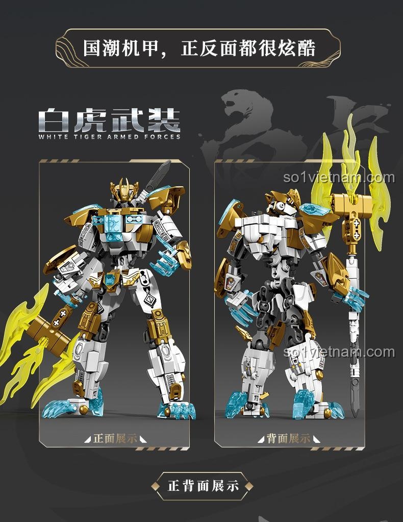 Thông tin chi tiết sản phẩm Cơ Giáp Bạch Hổ SEMBO 103330, bao gồm số chi tiết và kích thước, giúp mẹ có con trai 6 tuổi dễ dàng lựa chọn.