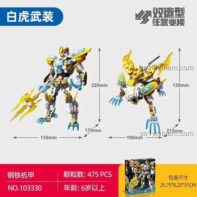 Hộp sản phẩm bộ xếp hình Mô hình Cơ Giáp Bạch Hổ SEMBO103330, hiển thị kích thước chi tiết, món quà đáng tiền cho bé trai 6 tuổi.